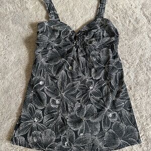 Women's One Piece Skirted Swimsuit Black and White Floral Adjustable Straps #1